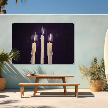 Abstract surrealistisch schilderij van drie kaarsen tuinposter