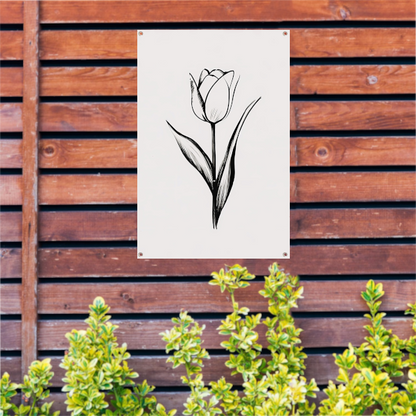 Minimalistische tulp in zwart-wit lijnenspel tuinposter