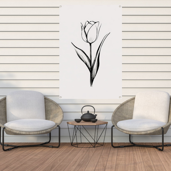 Minimalistische tulp in zwart-wit lijnenspel tuinposter