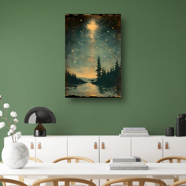 Dinosaurus bij maanlicht aan het water poster