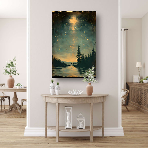 Dinosaurus bij maanlicht aan het water poster