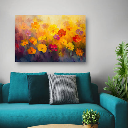 Vrolijk bloemenveld met felle kleuren poster