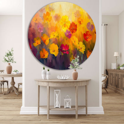 Vrolijk bloemenveld met felle kleuren aluminium muurcirkel