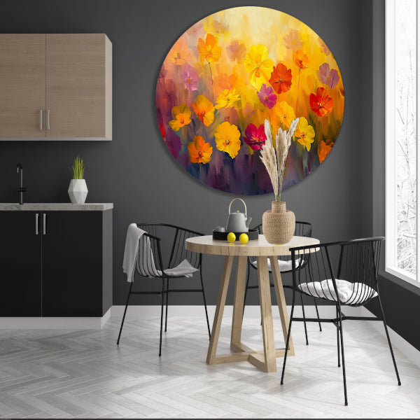 Vrolijk bloemenveld met felle kleuren aluminium muurcirkel