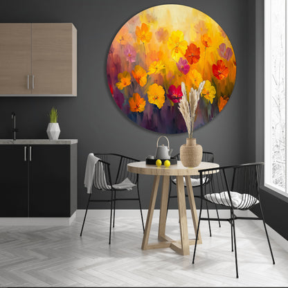 Vrolijk bloemenveld met felle kleuren aluminium muurcirkel