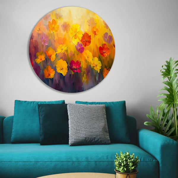 Vrolijk bloemenveld met felle kleuren aluminium muurcirkel