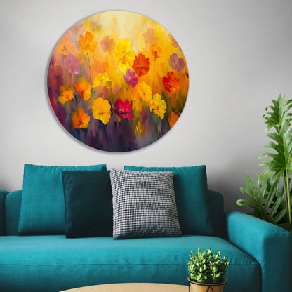 Vrolijk bloemenveld met felle kleuren aluminium muurcirkel