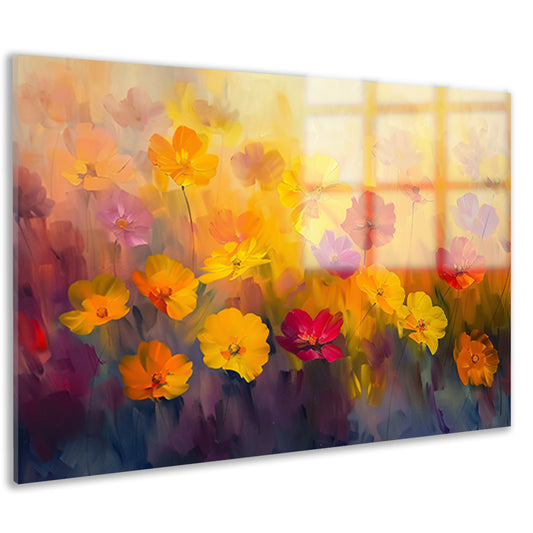 Vrolijk bloemenveld met felle kleuren acrylglas