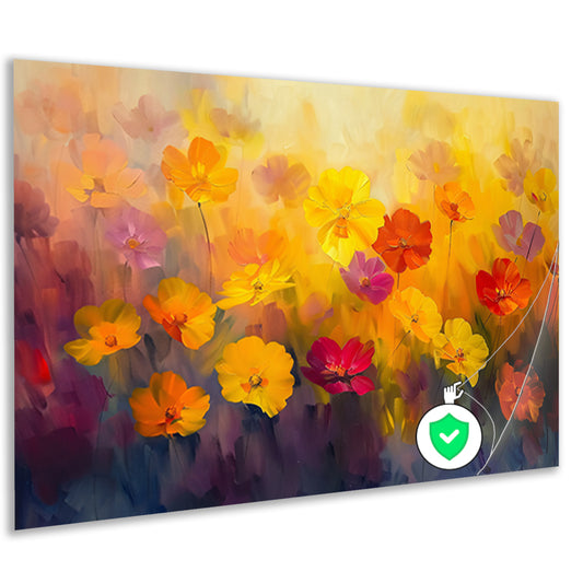 Vrolijk bloemenveld met felle kleuren poster