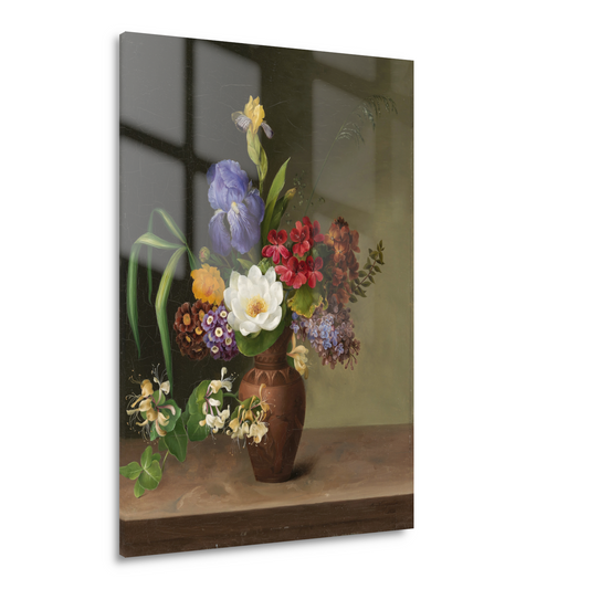 Vaas in Griekse stijl met iris, zuring en kamperfoelie - Hermania Neergaard Acrylglas