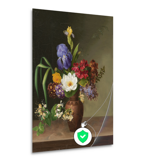 Vaas in Griekse stijl met iris, zuring en kamperfoelie - Hermania Neergaard poster