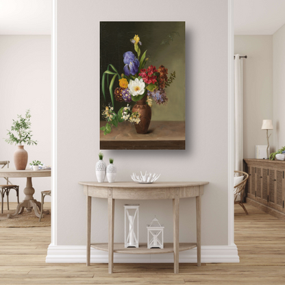 Vaas in Griekse stijl met iris, zuring en kamperfoelie - Hermania Neergaard canvas met baklijst