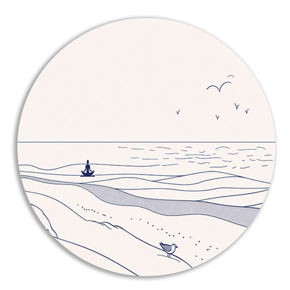 Meditatie bij de zee met vogel aluminium muurcirkel