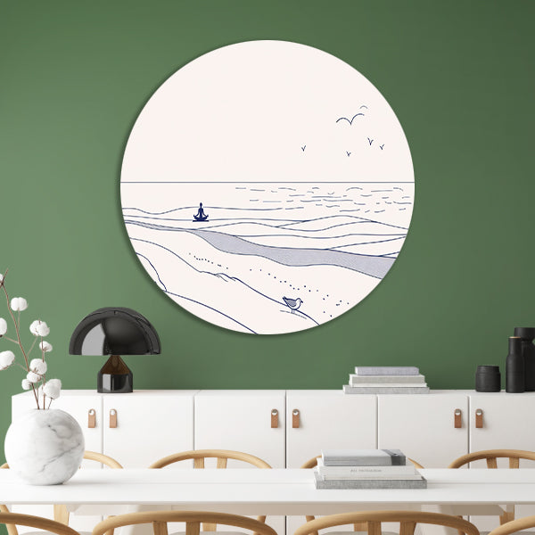 Meditatie bij de zee met vogel aluminium muurcirkel