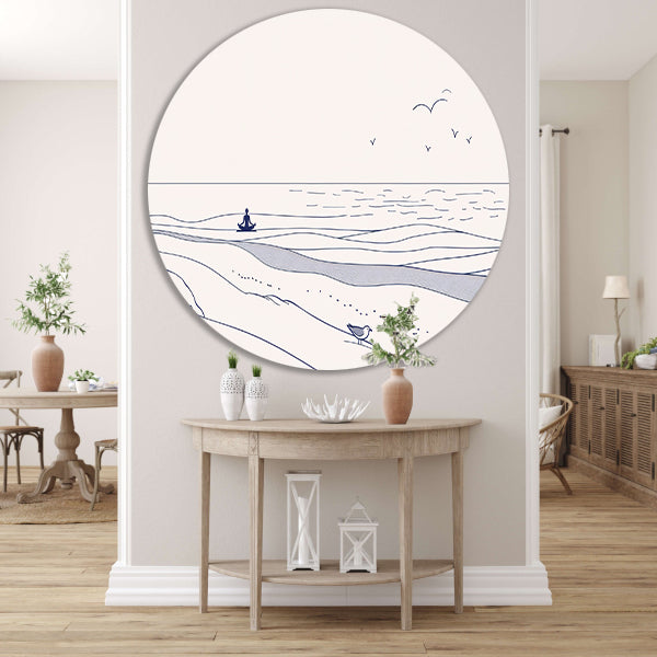Meditatie bij de zee met vogel aluminium muurcirkel