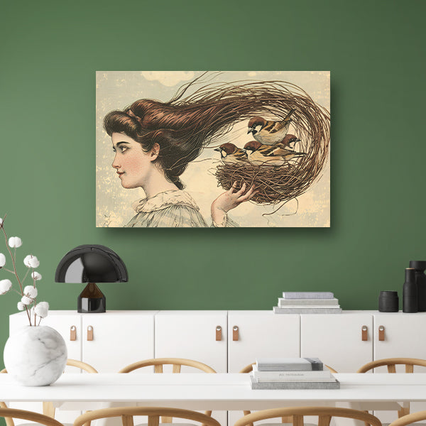 Vrouw met vogels in een nest acrylglas