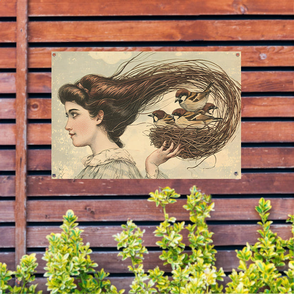 Vrouw met vogels in een nest tuinposter