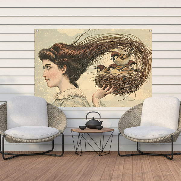 Vrouw met vogels in een nest tuinposter