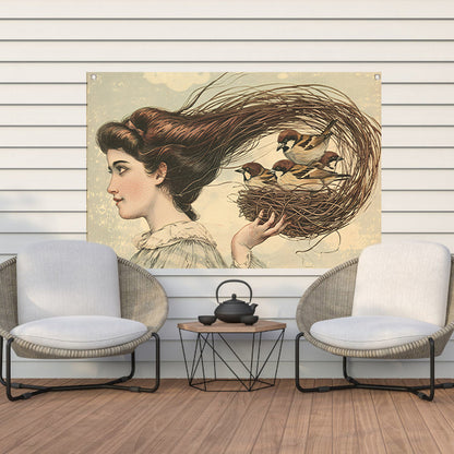 Vrouw met vogels in een nest tuinposter