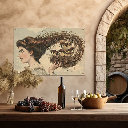 Vrouw met vogels in een nest tuinposter
