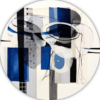 Minimalistische lijnencompositie in rood, blauw en geel aluminium muurcirkel