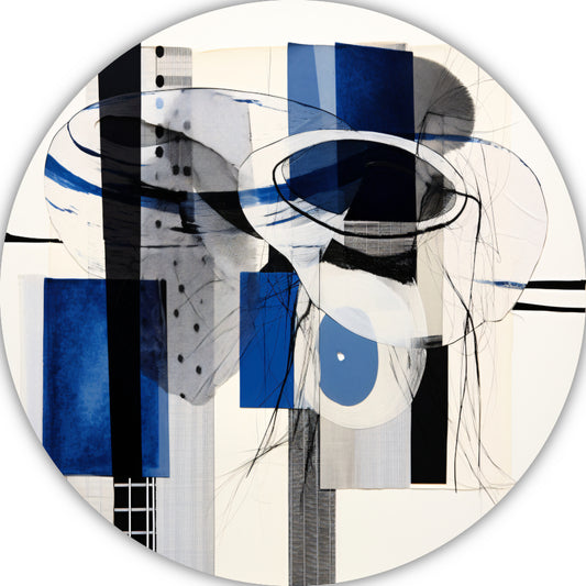 Minimalistische lijnencompositie in rood, blauw en geel aluminium muurcirkel