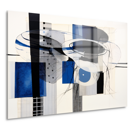 Minimalistische lijnencompositie in rood, blauw en geel acrylglas