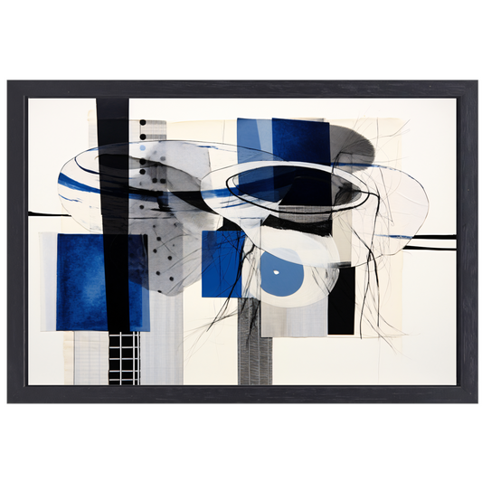 Minimalistische lijnencompositie in rood, blauw en geel canvas met baklijst