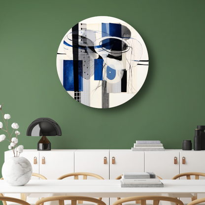 Minimalistische lijnencompositie in rood, blauw en geel aluminium muurcirkel