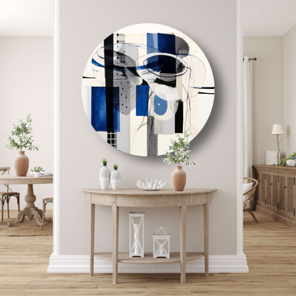 Minimalistische lijnencompositie in rood, blauw en geel aluminium muurcirkel