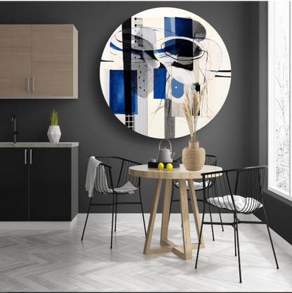 Minimalistische lijnencompositie in rood, blauw en geel aluminium muurcirkel