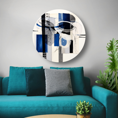 Minimalistische lijnencompositie in rood, blauw en geel aluminium muurcirkel