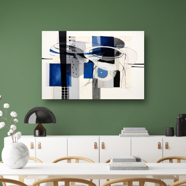 Minimalistische lijnencompositie in rood, blauw en geel acrylglas
