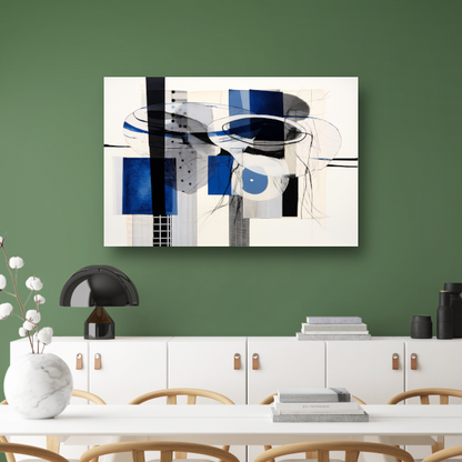 Minimalistische lijnencompositie in rood, blauw en geel acrylglas