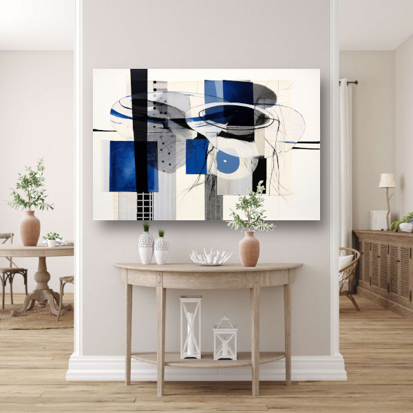 Minimalistische lijnencompositie in rood, blauw en geel poster