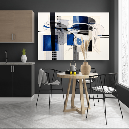 Minimalistische lijnencompositie in rood, blauw en geel acrylglas