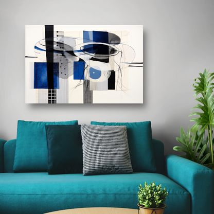 Minimalistische lijnencompositie in rood, blauw en geel acrylglas