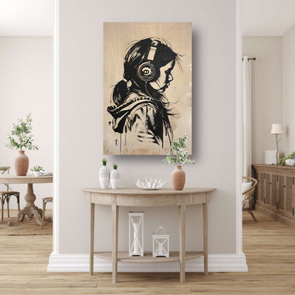 Zwart-wit portret van een meisje met koptelefoon canvas