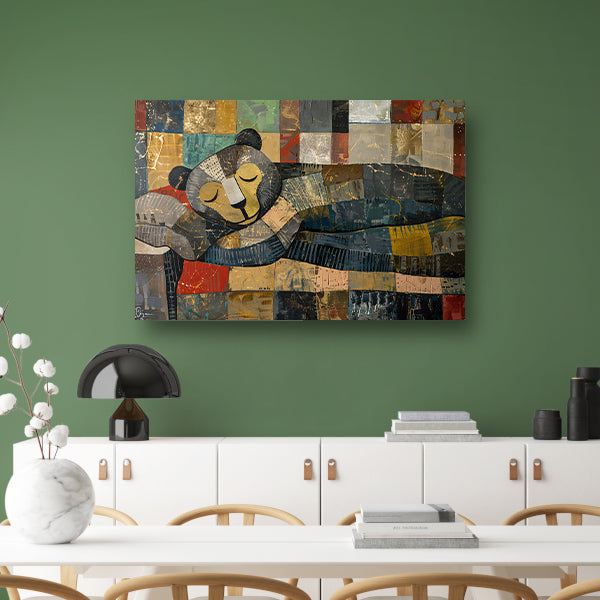 Slapende beer op kleurrijke lappendekencanvas