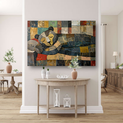 Slapende beer op kleurrijke lappendekencanvas