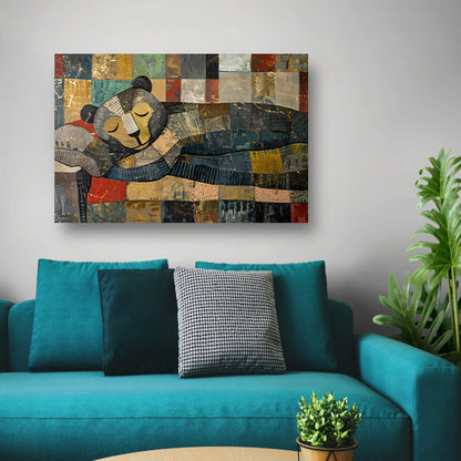 Slapende beer op kleurrijke lappendekencanvas