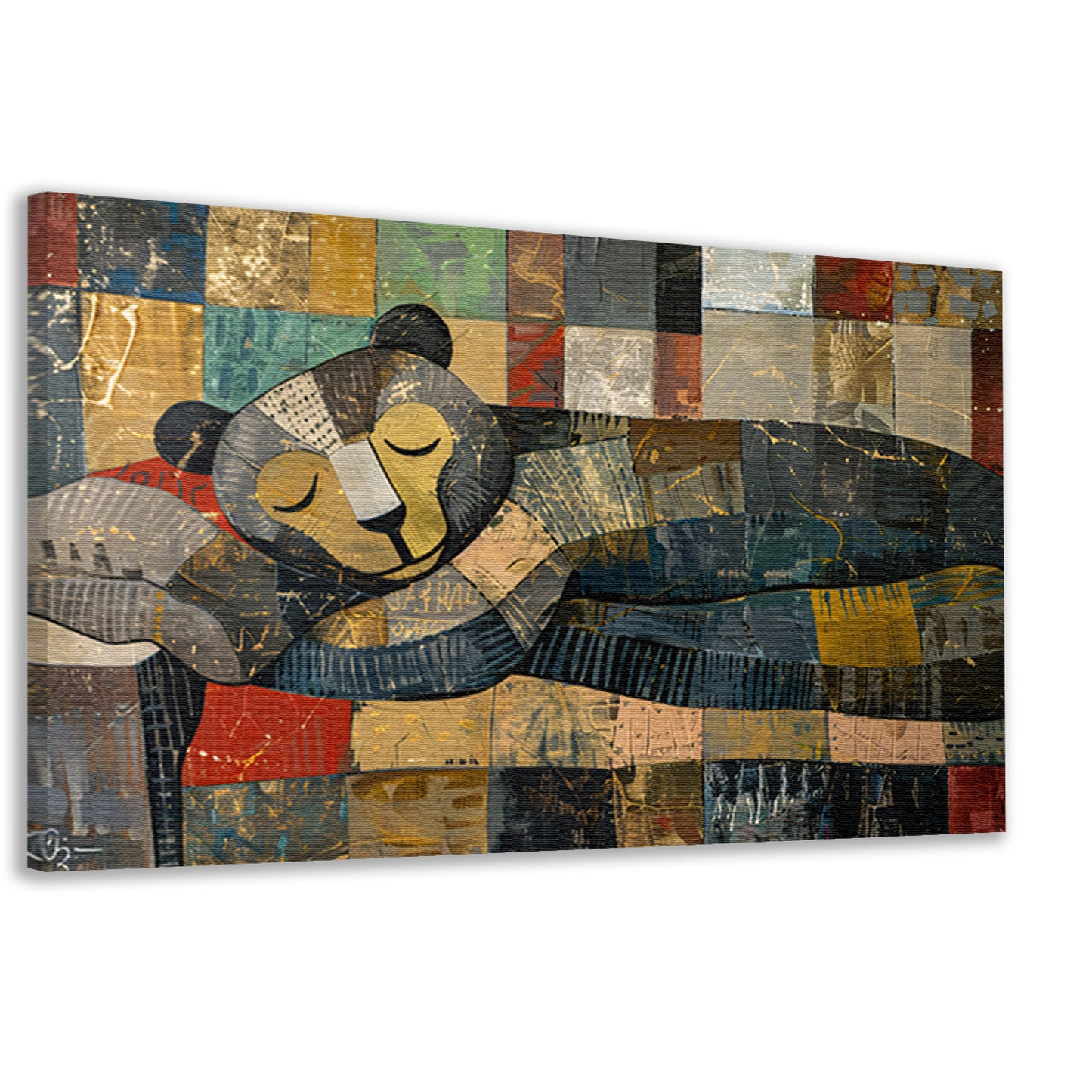 Slapende beer op kleurrijke lappendekencanvas