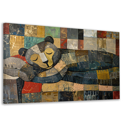 Slapende beer op kleurrijke lappendekencanvas