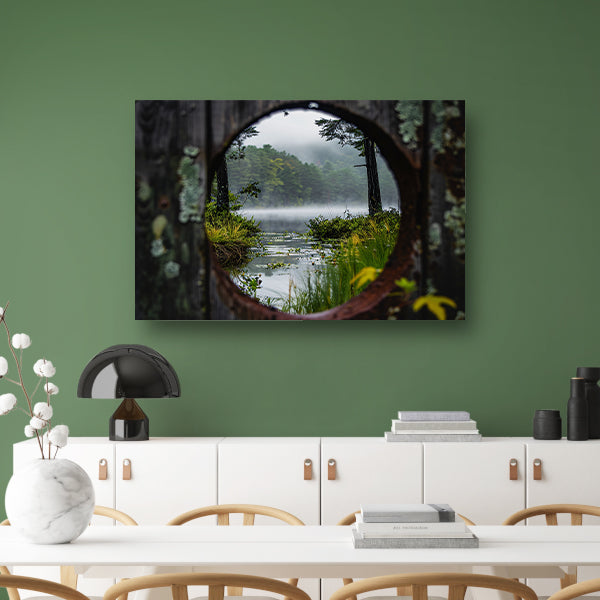 Mistig meer door een rond venster canvas