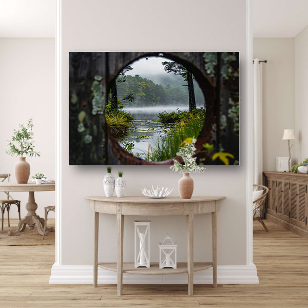Mistig meer door een rond venster canvas