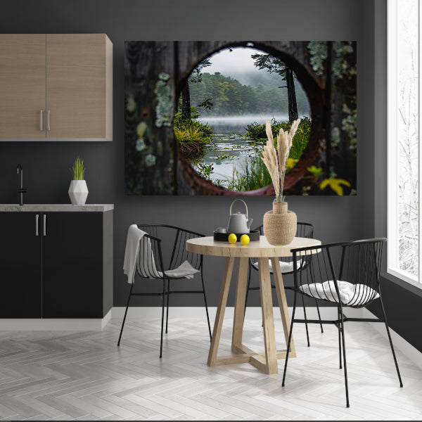 Mistig meer door een rond venster canvas