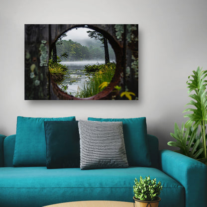 Mistig meer door een rond venster canvas