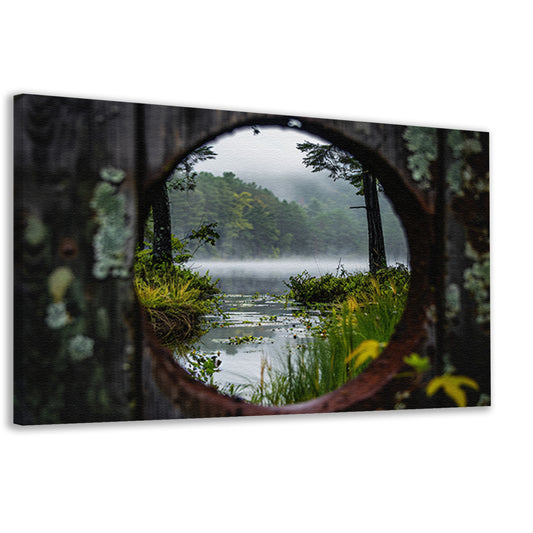 Mistig meer door een rond venster canvas