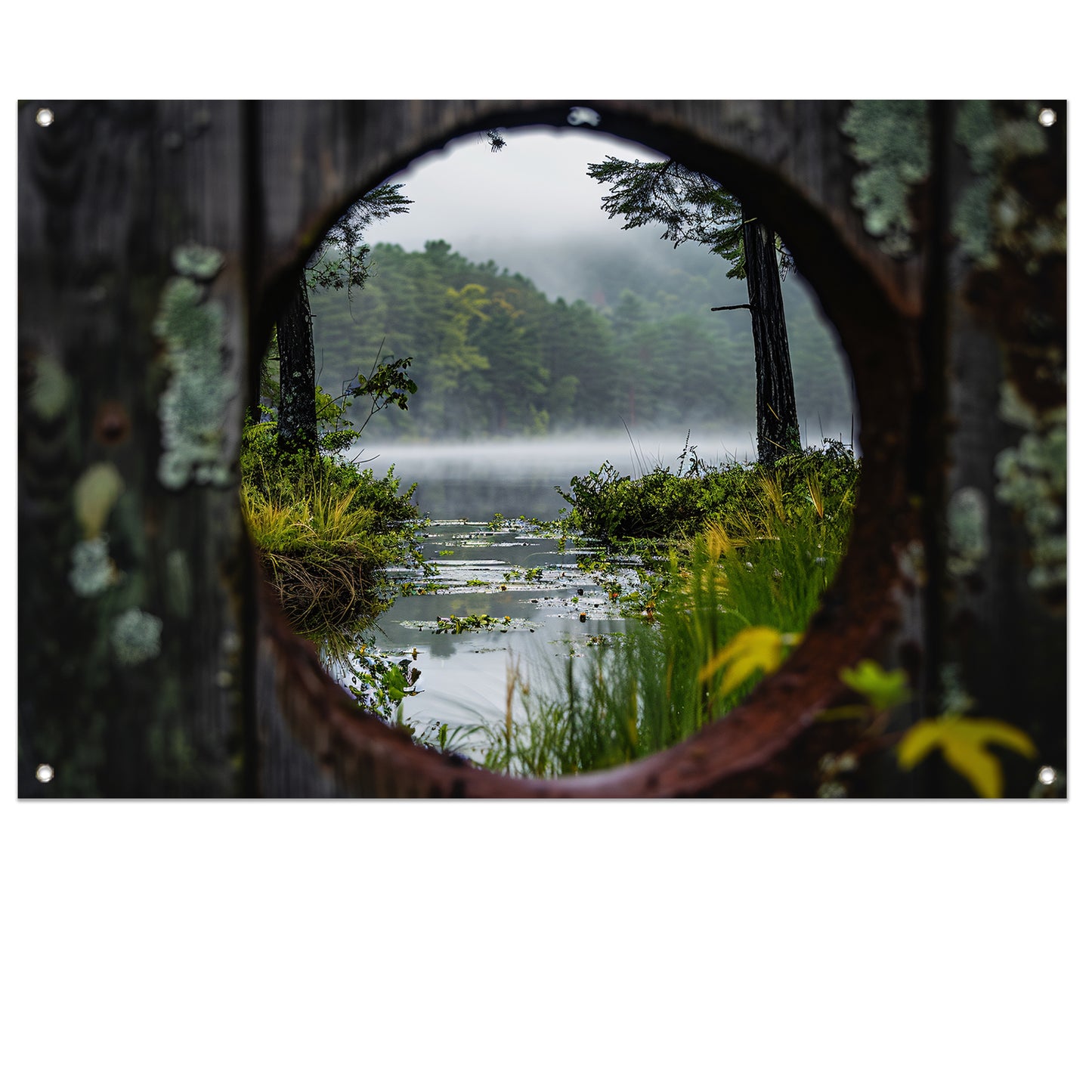 Mistig meer door een rond venster tuinposter