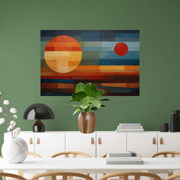 Geometrische Weerspiegeling van Zonsondergang en Nacht canvas met baklijst